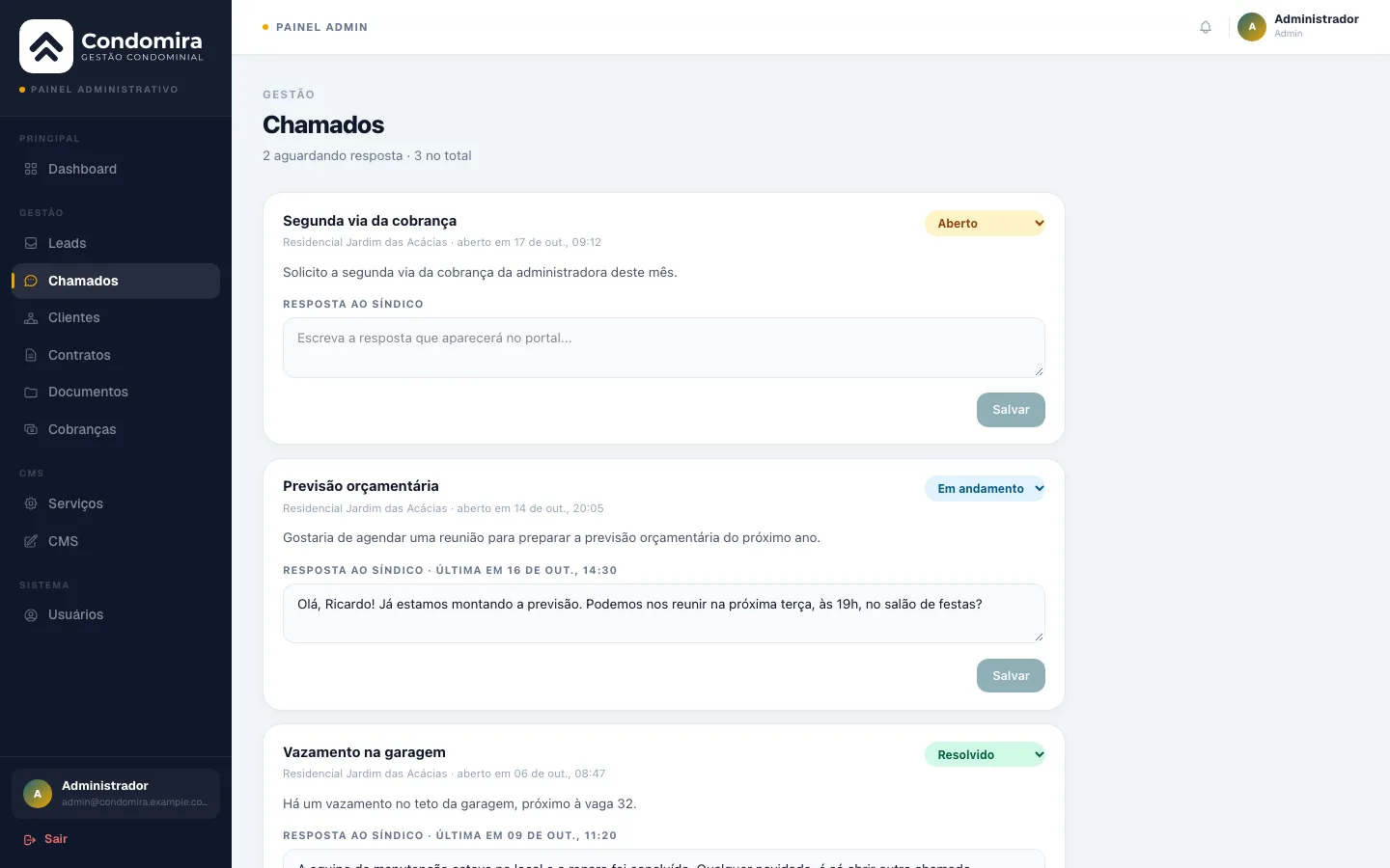 Chamados no painel da administradora do Condomira, com status e resposta ao síndico