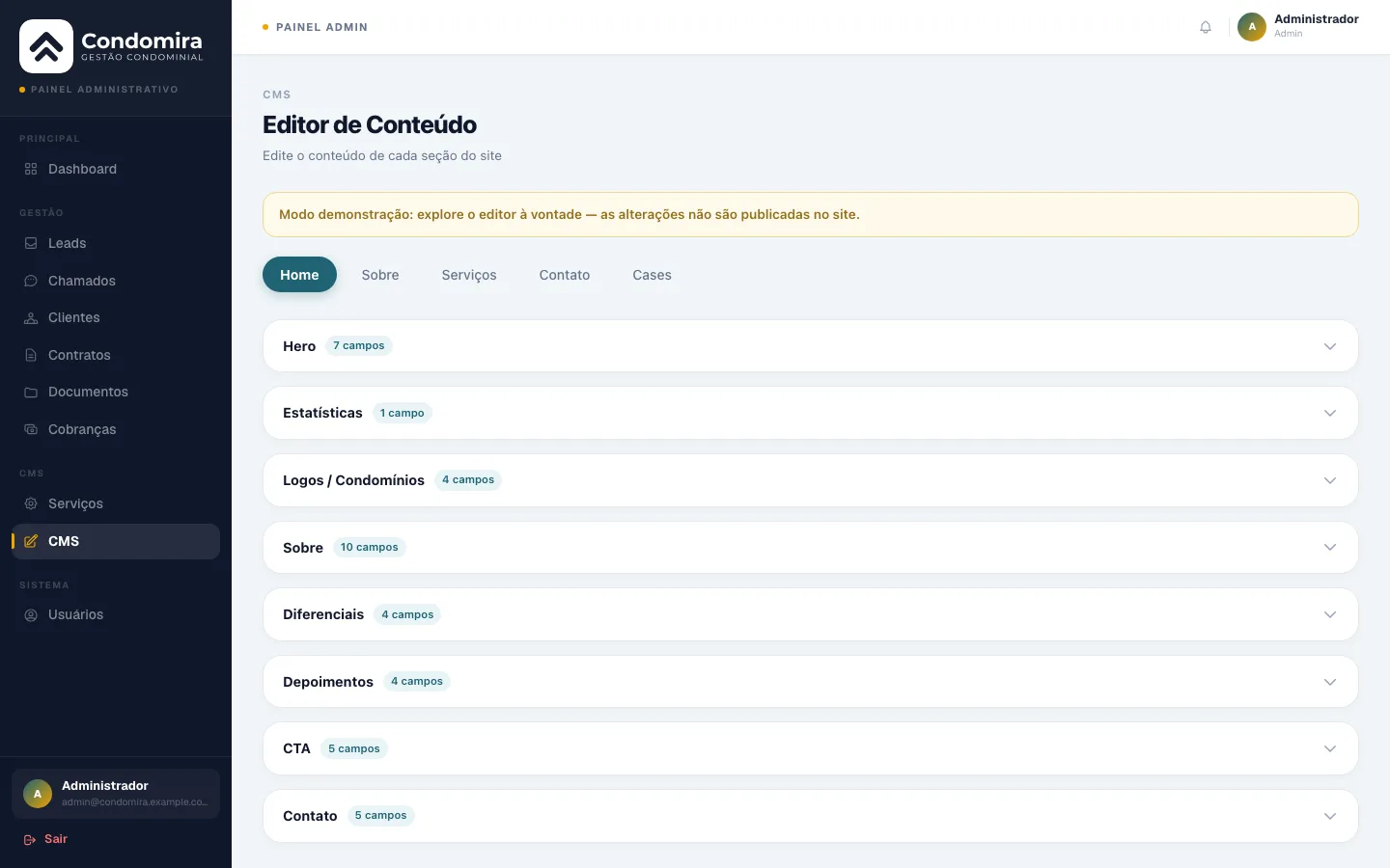 Editor de conteúdo do painel do Condomira, com as seções da página inicial