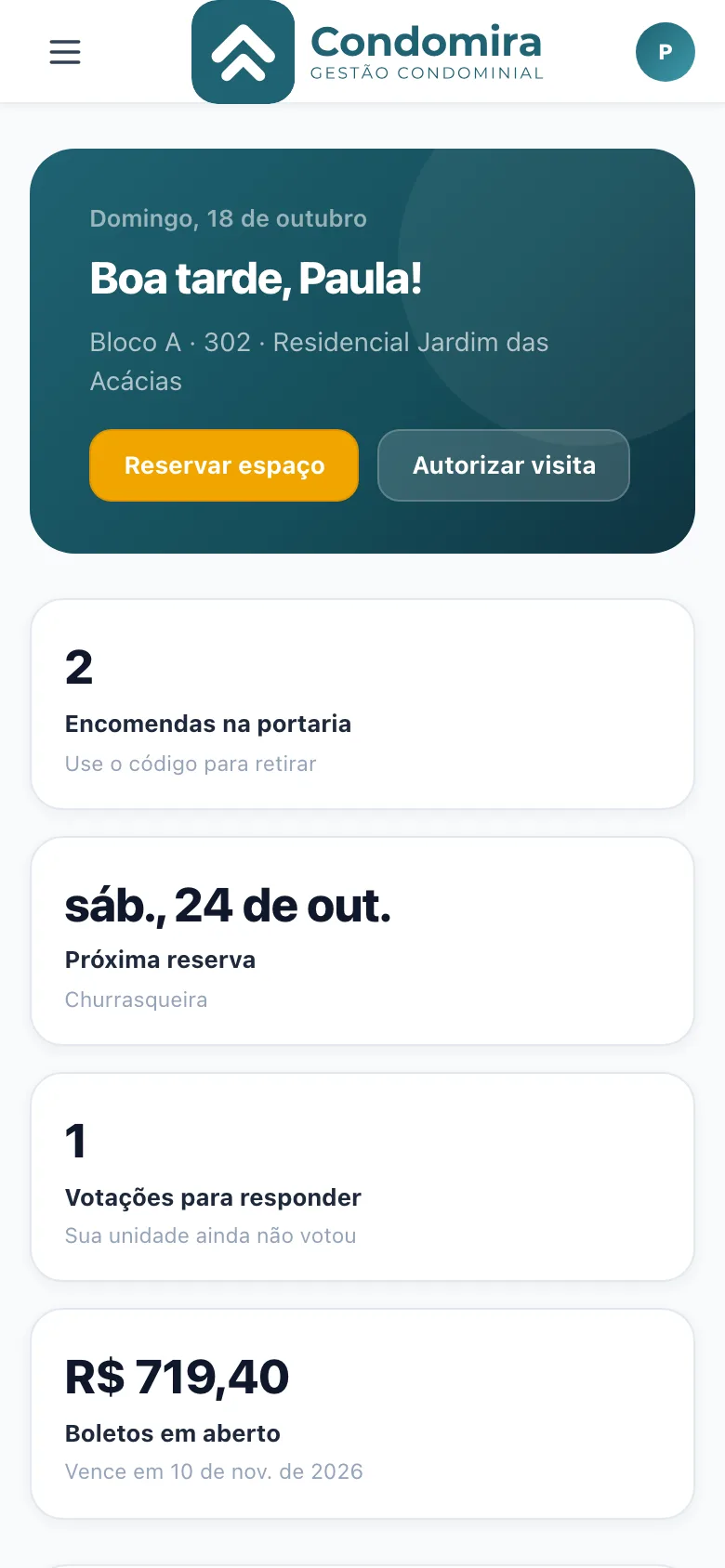 Início do morador no portal do Condomira, no celular