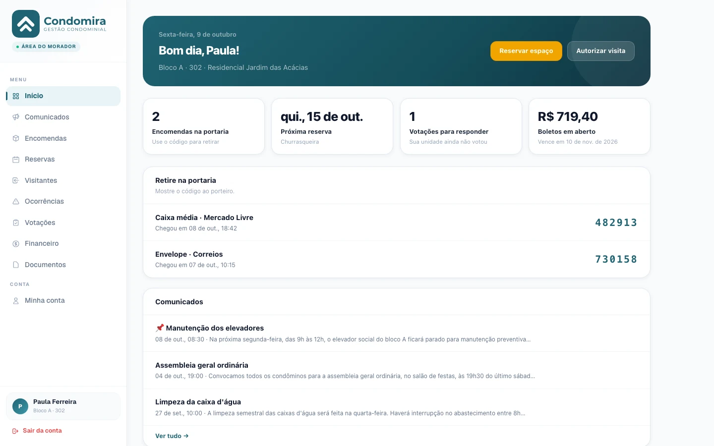 Tela inicial da moradora no portal Condomira, com encomendas, próxima reserva, votação e boletos