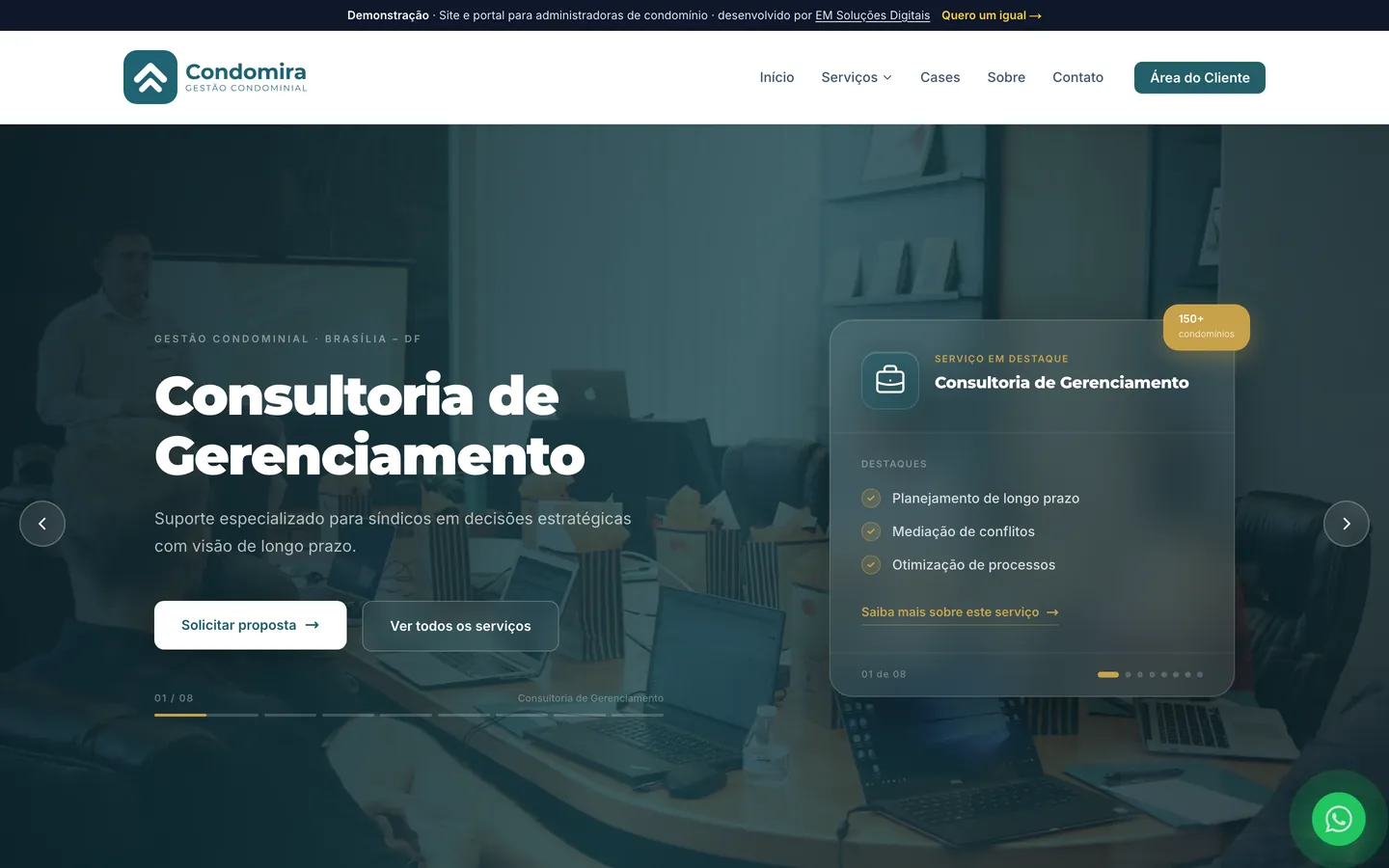 Tela do site institucional da demonstração Condomira