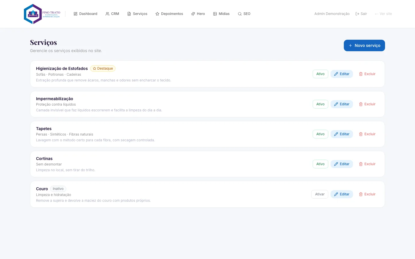 Lista de servicios en el panel de Fino Trato, con destacados, activos e inactivos