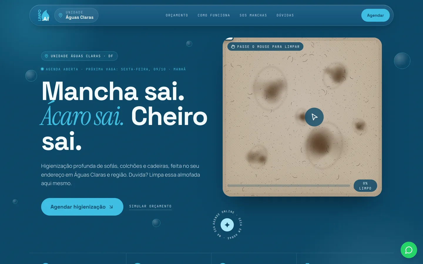 Abertura do site da LIMPO.AI com a almofada manchada