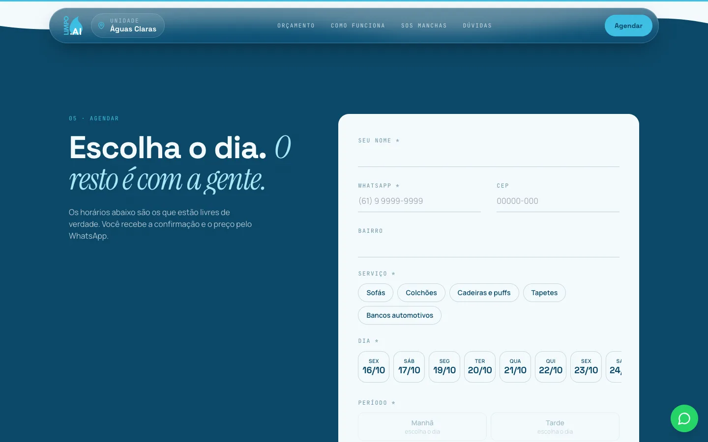 Formulário de agendamento da LIMPO.AI com os dias livres