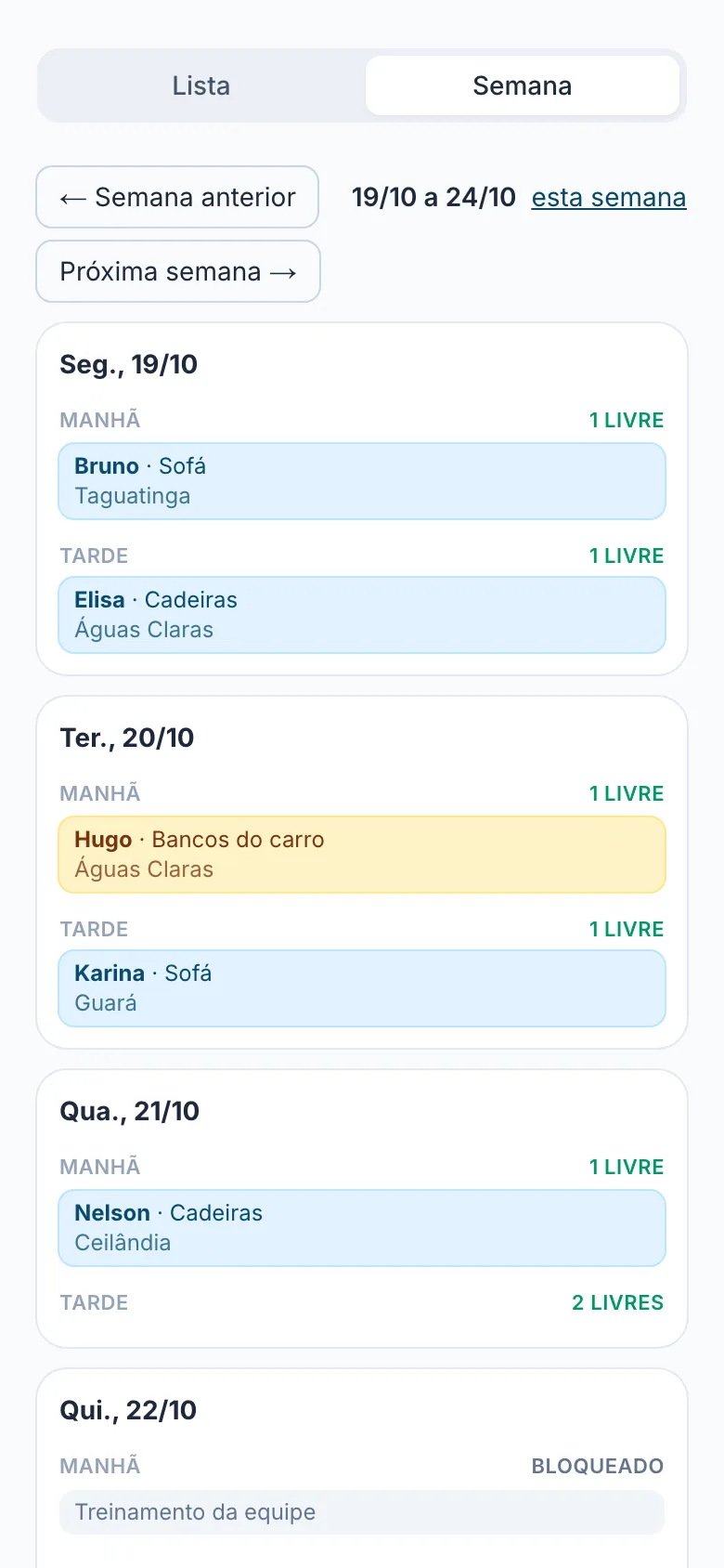 Agenda da semana da LIMPO.AI no celular, dia a dia