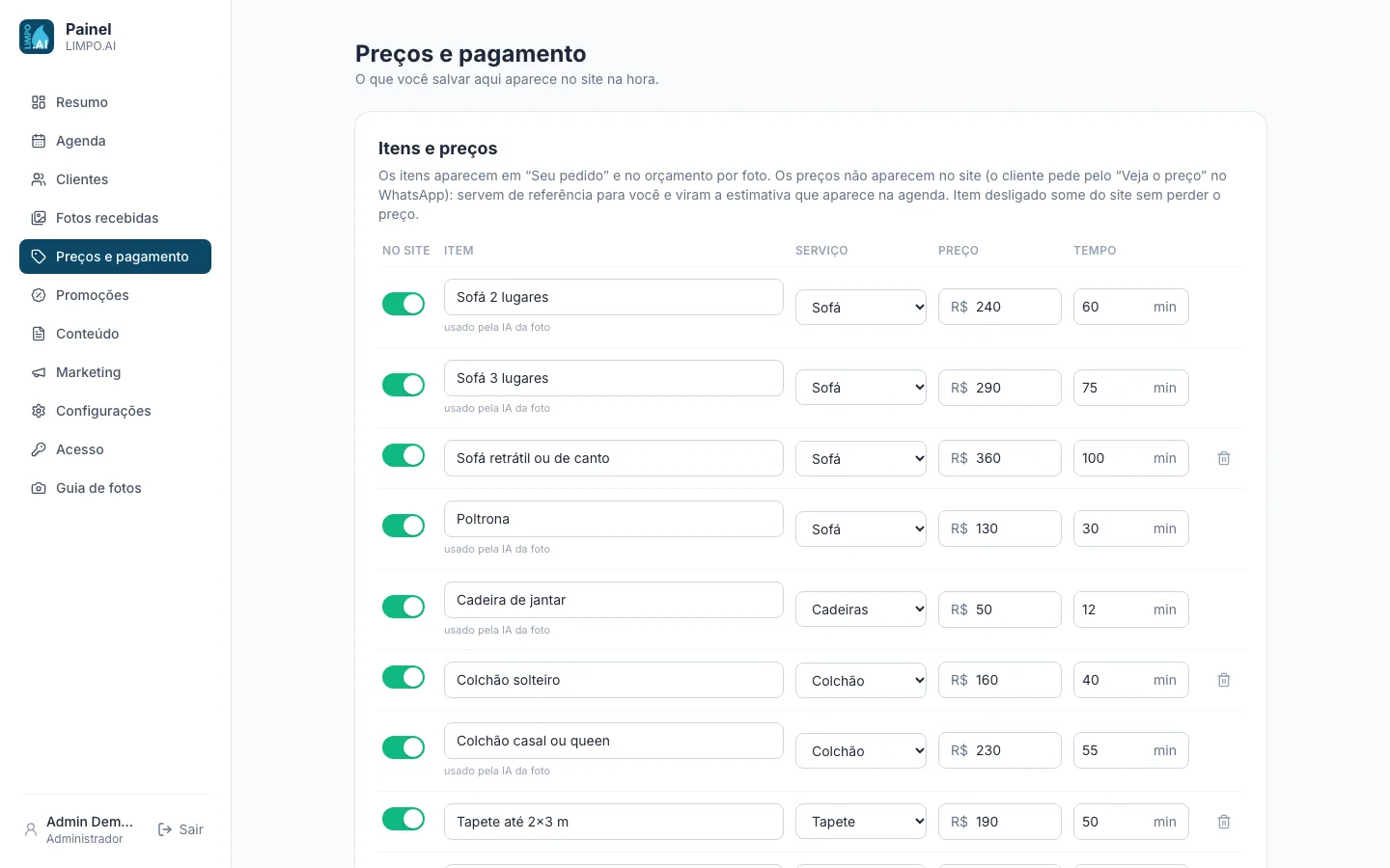 Tabela de preços do painel da LIMPO.AI, com item, serviço, preço e tempo