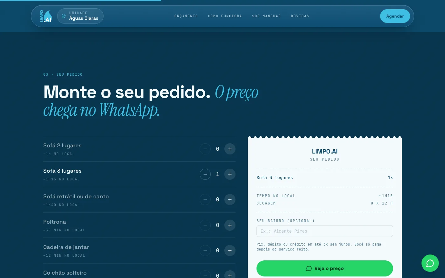 Simulador da LIMPO.AI com o recibo do pedido e o botão Veja o preço