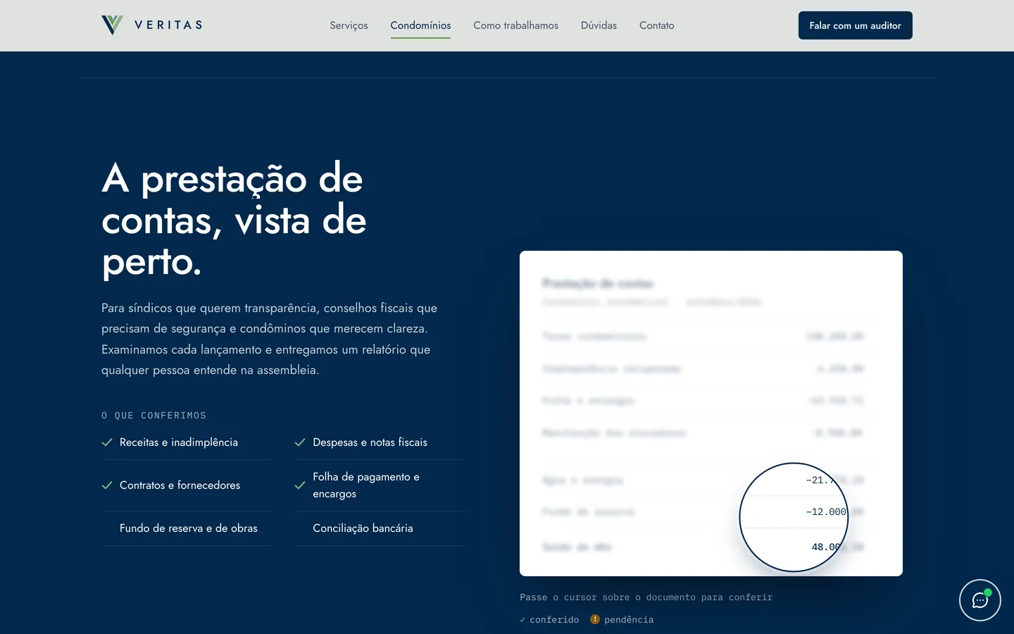 Seção de condomínios da Veritas com a lupa sobre a prestação de contas