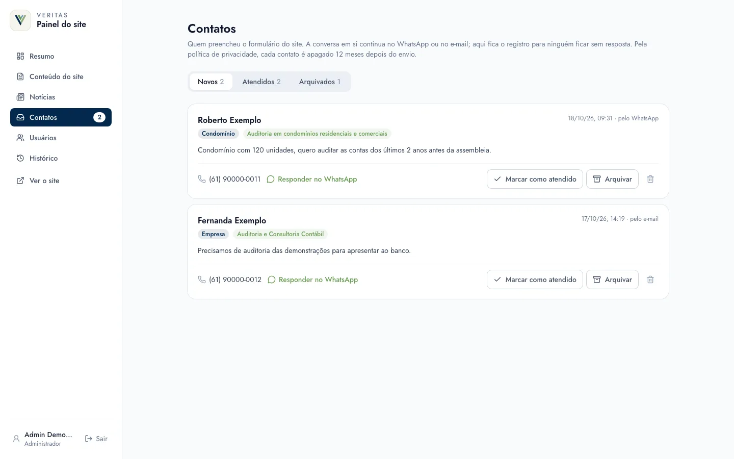 Caixa de contatos do painel da Veritas, com novos, atendidos e arquivados