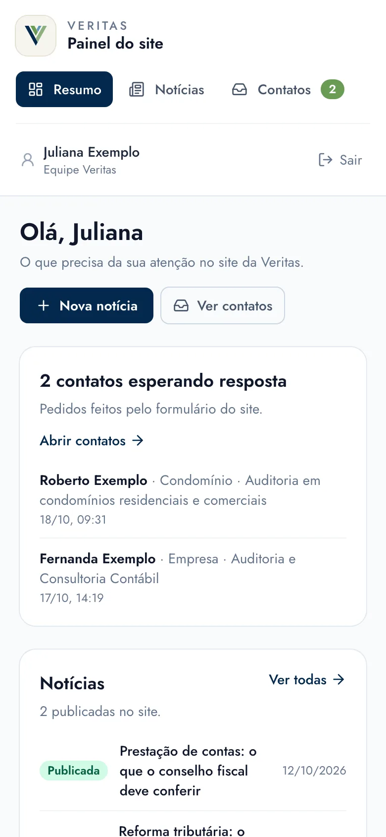 Página inicial da Equipe Veritas no celular, com contatos esperando resposta e notícias