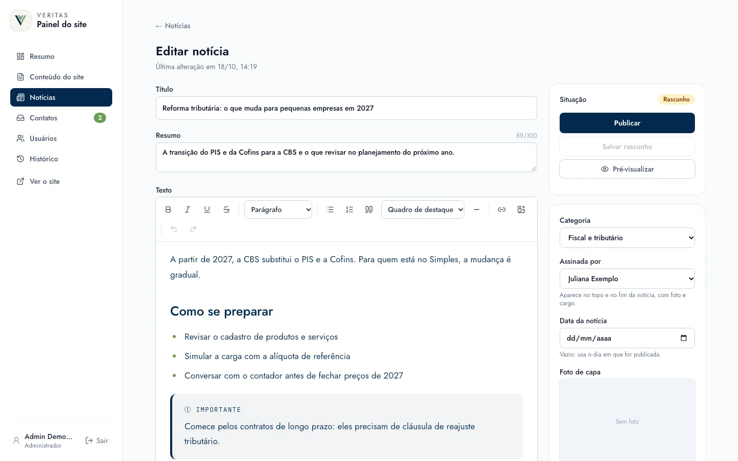 Editor de notícias do painel da Veritas, com barra de formatação, quadro de destaque e publicação
