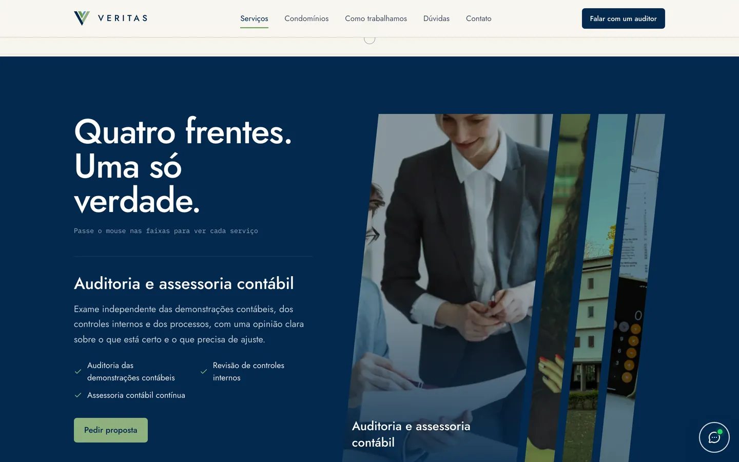 Seção de serviços da Veritas em quatro faixas com fotos